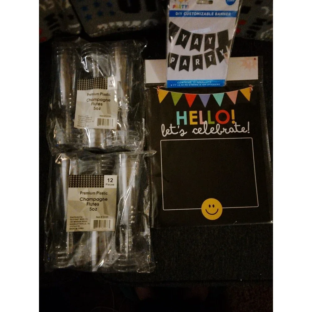 4 Pc Party Supplies Set - DIY Banner, Hello Celebrate Chalkboard, Flutes New